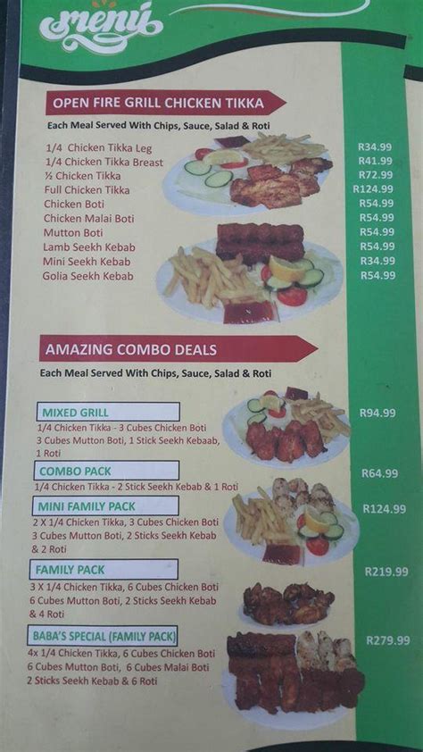 Menu at Baba's Takeaway restaurant, Durban