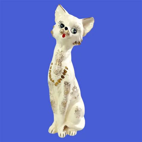 VINTAGE CAT FIGURINE Long Neck Porcelain Marked Japan Hand Painted Gold READ $14.50 - PicClick