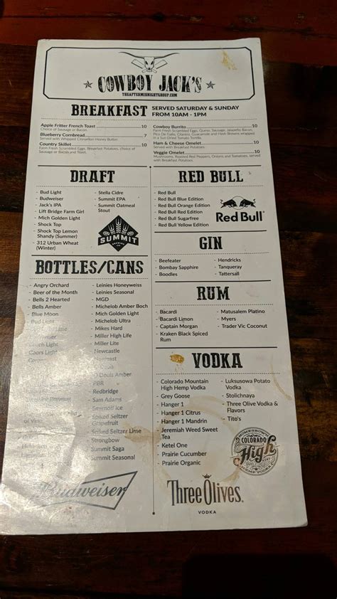 Menu at Cowboy Jack's pub & bar, New Brighton, Palmer Dr