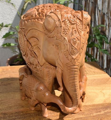 Handmade Beautiful Wooden, Hand Carved Elephant With Babies. - Etsy UK | Elephant carving ...