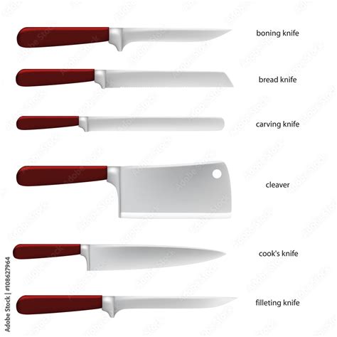 Kitchenware. Set of knives with names boning knife, bread knife ...