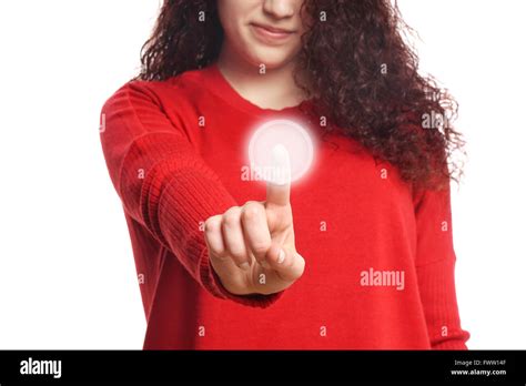 girl pushing virtual button on touch screen Stock Photo - Alamy