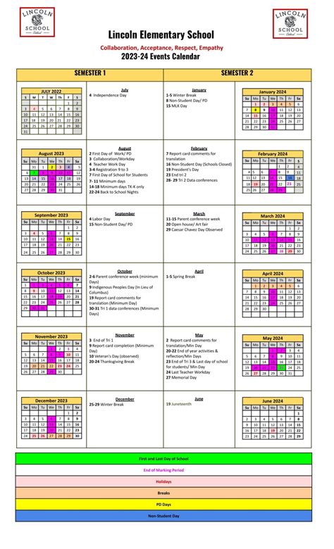 Calendar and Bell Schedule – Lincoln School