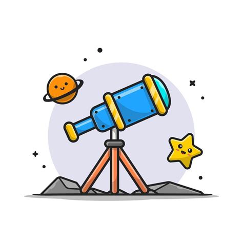 Telescope Astronomy Viewing Cute Planet and Cute Star Cartoon Vector Icon Illustration. Science ...