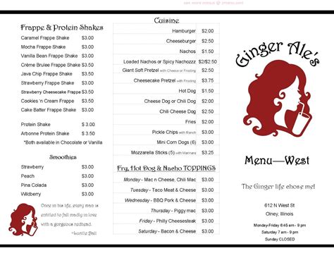 Menu at Ginger Ale's restaurant, Olney, East Main Street