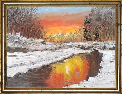 Sunset Painting Winter Landscape Original Art Forest Artwork | Etsy