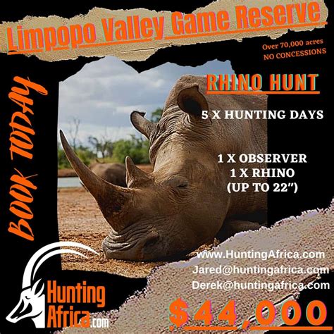 Limpopo Valley Game Reserve Rhino Hunt Package – 5 Days, 1 Hunter, 1 Observer, 1 PH | South ...