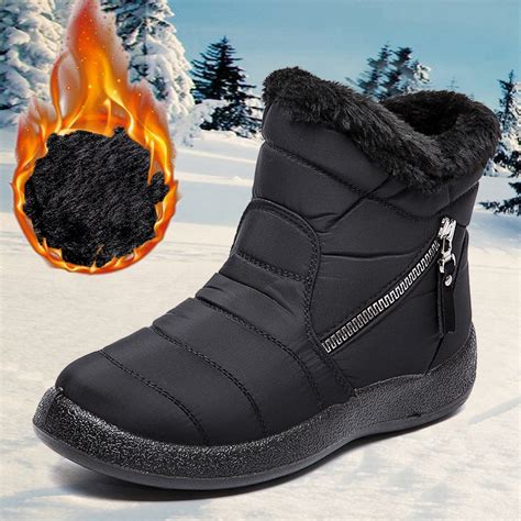 Women Waterproof Snow Boots Fur Lined Slip On Ankle Booties Zipper ...