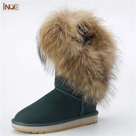 INOE fashion high nature fox fur women winter snow boots real sheepskin leather fur lined winter ...