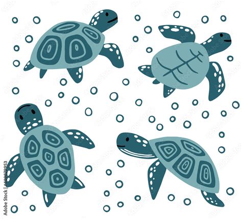 Set of big blue sea turtle cartoon cute animal design ocean tortoise swimming in water flat ...