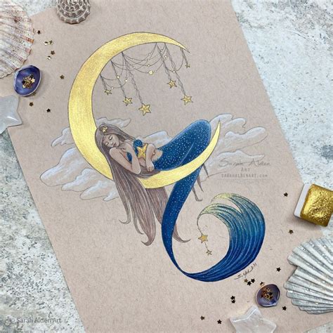 Mermaid Art Print, Moon Art Witchy Decor, Moon Phases Mermaid Painting ...