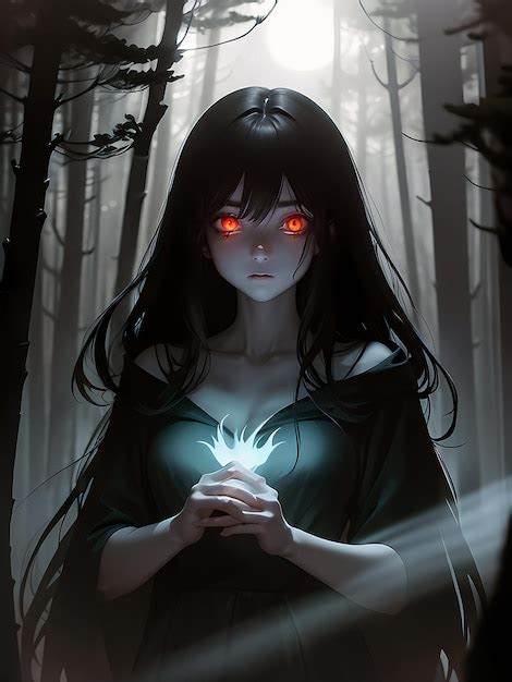 Premium AI Image | a witch anime girl with black hair and glowing red eyes in a forest holding a ...