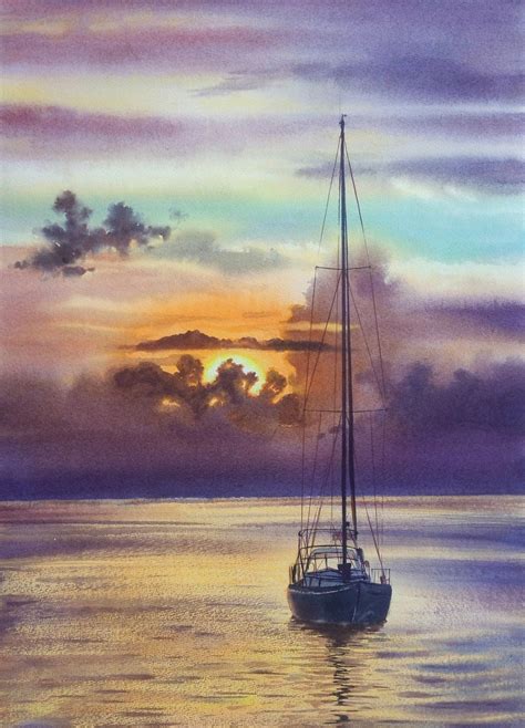 Sailboat - Yacht Art - seascape - sea and sky - | Artfinder Sunset Art Painting, Sunset Artwork ...