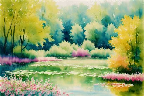 Tranquil Summer Scenery. A Watercolor Painting of Park, Lake, field and ...