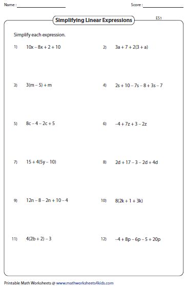 Simplifying Algebraic Expression Worksheets