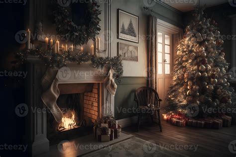 Beautiful cozy Christmas interior with a fireplace. Neural network ...