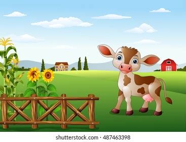 Cartoon Cow Farm Landscape Stock Illustration 487463398 | Shutterstock