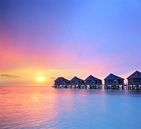 View of a Beautiful Sunset on a Maldives Island and Water Villas Stock ...