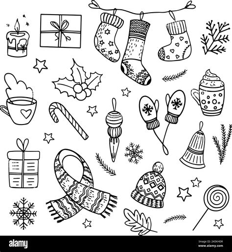 Winter hygge items outline illustrations set. Christmas warm cosy home ...