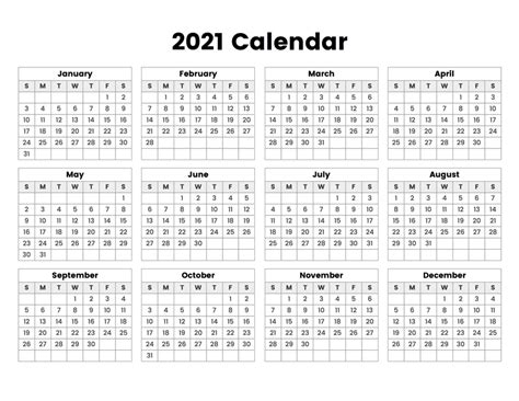 Yearly Calendar 2021 - A Printable Calendar