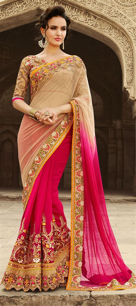 Faux Georgette Bridal Saree in Pink and Majenta with Embroidered work ...