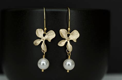 Gold Orchid And White Swarovski Pearl Earrings on Luulla