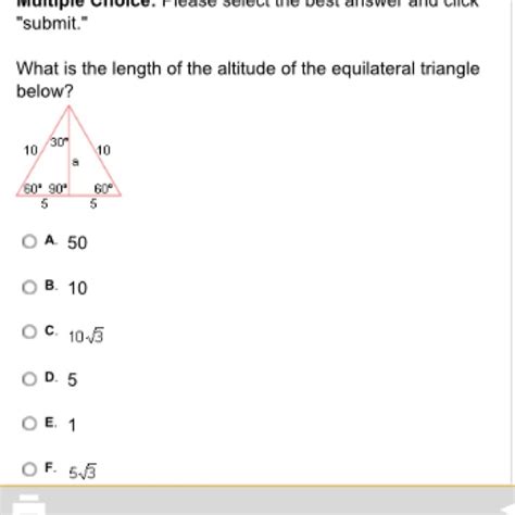 What is the length of the altitude of the equilateral triangle below? - Brainly.com