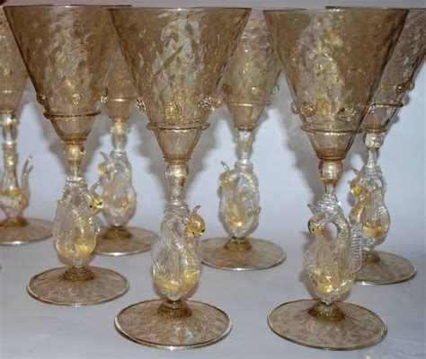 Set of Eight Venetian Glass Goblets Wine Water Swan Stem Vintage Stemware For Sale at 1stdibs