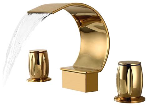 Waterfall Widespread 2-Handle Bathroom Sink Faucet in Gold Solid Brass - Contemporary - Bathroom ...