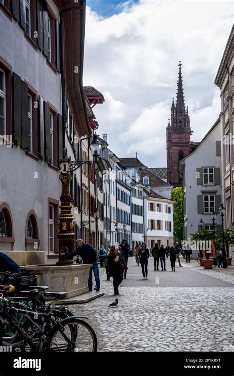 Pedestrianised zone of the Old Town with atmospheric streets and architecture, Basel ...