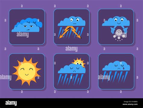 Weather emoji icons set - sunny, overcast, rain, thunderstorm and snowing sad and happy icons ...