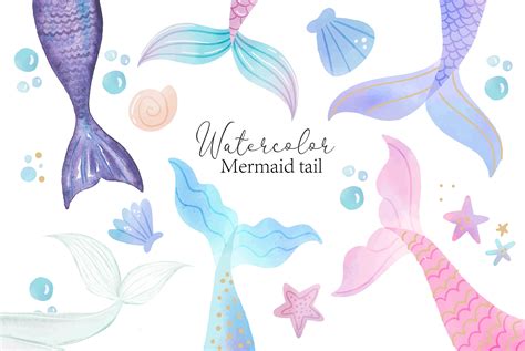 Watercolor Mermaid Tail Clipart, Mermaid Layered, Mermaid Birthday Girl SVG, Digital Sea Beach ...