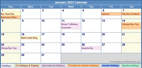 January 2023 Calendar with Holidays - as Picture