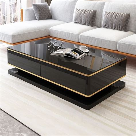 51" Black Rectangular Coffee Table with Storage 4 Drawers Tempered ...