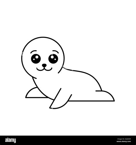 Cute white baby seal in kawaii style. Little smiling harp seal. Wildlife animals drawing. Funny ...