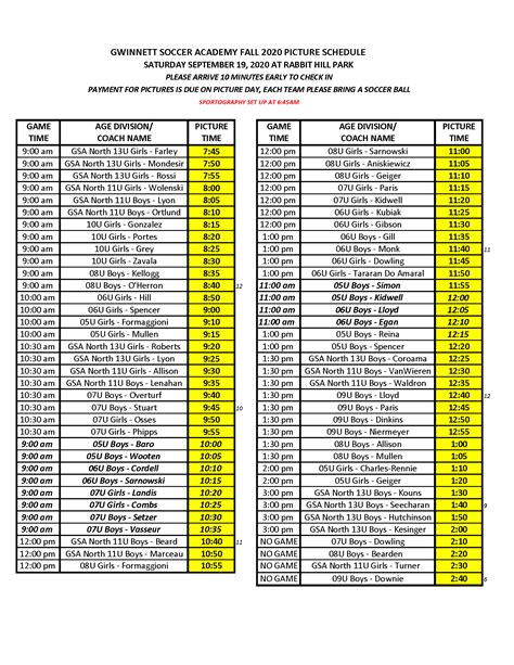 Gwinnett Soccer Academy | Picture Schedule