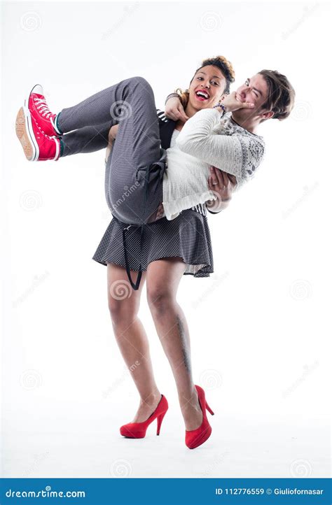 Young Cheerful Woman Lifting Man Up Stock Image - Image of high ...