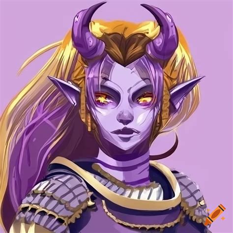 Image of a tiefling character with golden eyes and purple and golden hair in armor on Craiyon