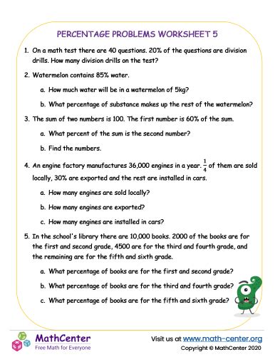 Percentages Problems Worksheet No.5 | Worksheets | Math Center