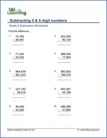 Grade 4 Math Worksheets: Subtraction of 5 and 6 digit numbers | K5 Learning