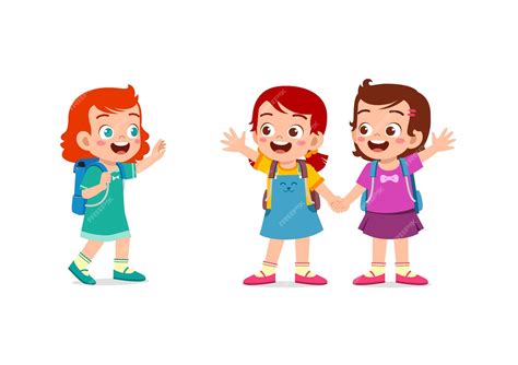 Premium Vector | Little kid say hello to friend and go to school together