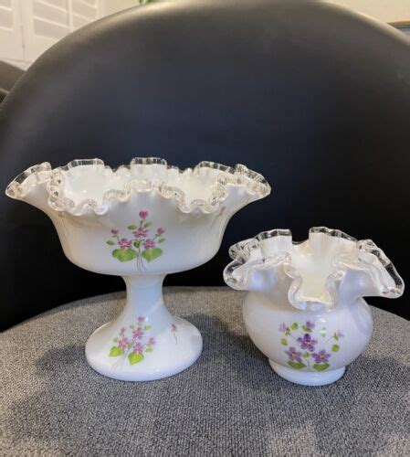 Fenton Silver Crest "Violets in the Snow" pedestal compote bowl and vase | eBay