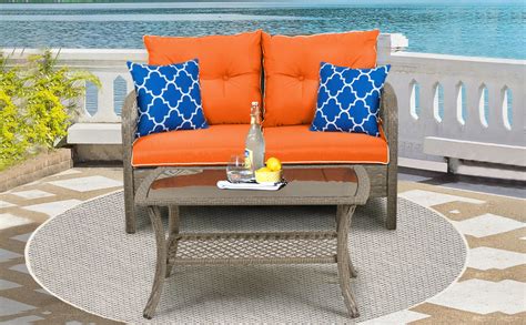 Amazon.com: Auzfy Wicker Outdoor Patio Loveseat Chair with Table, 2 Person Patio Porch Couch ...