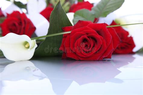 Bouquet of Fresh Red Roses and Arum Lilies Stock Photo - Image of table, reflection: 30548190