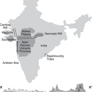 The schematic map of India showing the area of the Deccan Traps (dark ...