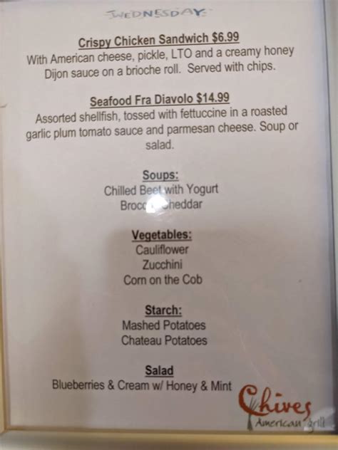 Menu at Chives American Grill restaurant, Lititz