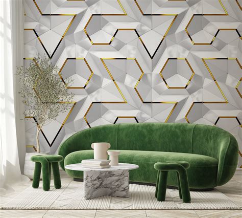 White Gold Geometric Wallpaper Marble Wallpaper Peel and - Etsy