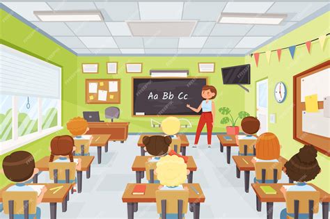 Premium Vector | Cartoon kids and teacher in classroom elementary school pupils studying young ...