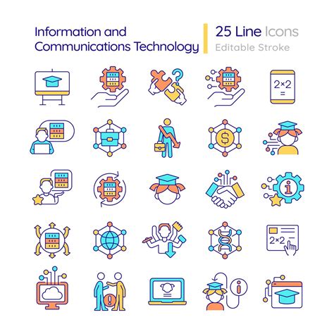 Information and communications technology development RGB color icons set. ICT industry of data ...