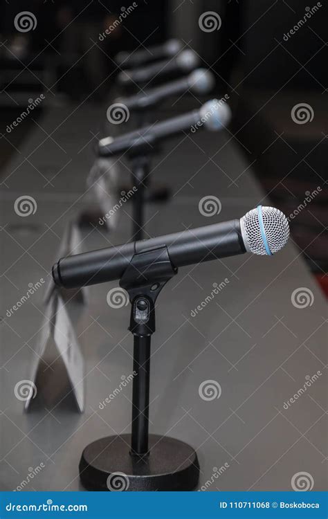 Microphones in Press Conference Room Stock Photo - Image of background, interview: 110711068